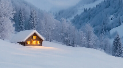 Fototapeta premium Serene Christmas Eve Cabin in Snowy Forest