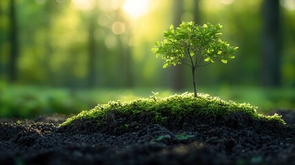 Young tree growing on mossy ground in forest at sunset