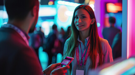 Professional Networking at Trade Show with Branded Lanyard and QR Code Badge Interaction