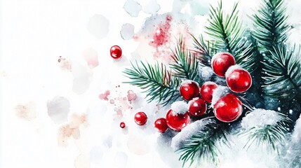 Snowy Pine Branch with Red Berries: A Festive Watercolor Christmas Scene