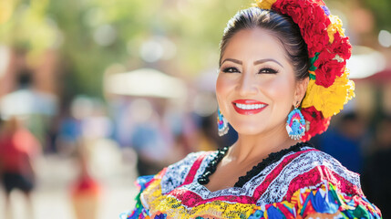 Fototapeta premium Hispanic female in traditional colorful dress with floral headpiece smiling outdoors