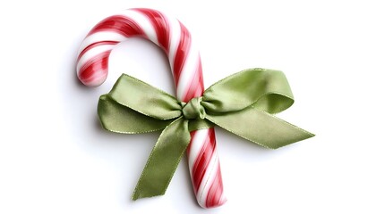 A festive candy cane tied with a green ribbon, symbolizing holiday cheer.