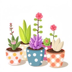 Obraz premium Colorful Succulents in Polka Dot Pots: A Vibrant Illustration