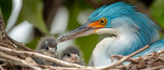 Brightly colored bird looks after two young chicks in a natural nest among lush green foliage, showcasing nurturing behavior and vibrant feathers
