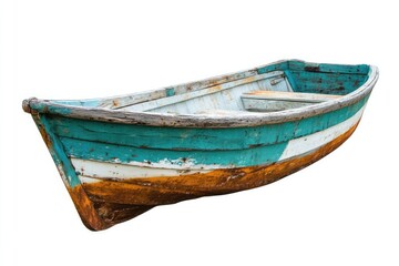 Obraz premium Vibrant Wooden Fishing Vessel Isolated on White Background with Blue and Green Accents