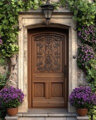 Sophisticated Home Entrance Featuring an Oak Door and Iron Grille with Flourishing Flowerpot