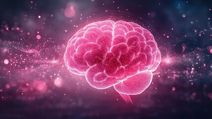 Fototapeta premium A minimalistic stock illustration of an abstract glowing pink brain surrounded by a cosmic background of stars and light particles