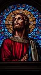 Naklejka premium Jesus Christ is depicted with a thoughtful expression, surrounded by colorful stained glass, symbolizing hope and spirituality in a sacred space