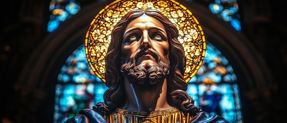 Obraz premium A statue of Jesus Christ stands prominently in a cathedral, surrounded by colorful stained glass windows that filter light, creating a serene atmosphere