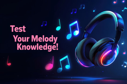 Vibrant Music Trivia App Design Featuring Glowing Headset and Colorful Notes