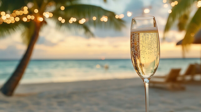 Tropical New Year Celebration with Champagne and String Lights - Powered by Adobe