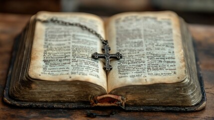 Obraz premium An open Bible lies on a rustic wooden surface, showcasing aged pages. A cross rests on the pages, symbolizing faith and devotion in a serene setting