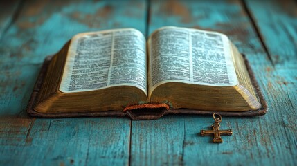 Obraz premium An open Bible lies on a weathered wooden table, accompanied by a small cross pendant. The setting evokes a sense of peace and spiritual contemplation