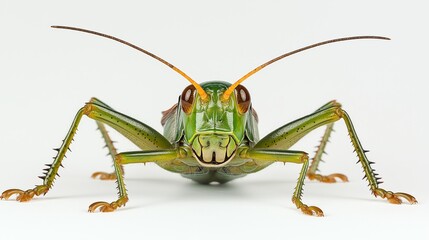 Close-up view of a grasshopper's leg showcasing its intricate details and vibrant green color against a minimalistic white background