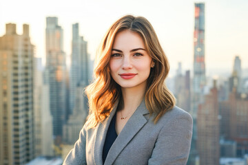 Fototapeta premium Young caucasian female professional standing on urban rooftop with city skyline