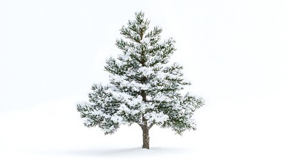 A snow-covered evergreen tree stands alone in a winter landscape.