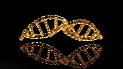 Gold DNA structure with reflection on a dark surface.