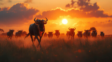 A herd of wildebeests running across the plains at sunset, their powerful bodies silhouetted against the fiery red sky as the golden light casts long shadows on the ground."