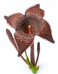 Obraz premium Close up of a stapelia gigantea carrion flower showcasing its unique textured petals and vibrant color against a clean white backdrop