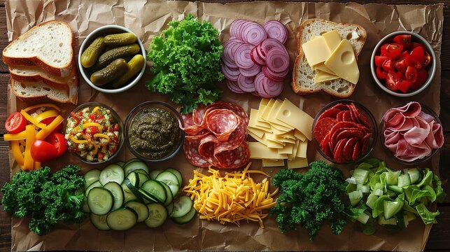 Fresh sandwich toppings and deli meats, colorful vegetables, cheese slices, pickles, flat lay food photography, top view, healthy meal prep, high-resolution photo

