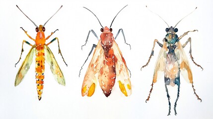 Watercolor Insect Trio: A Delicate Dance of Nature's Colors