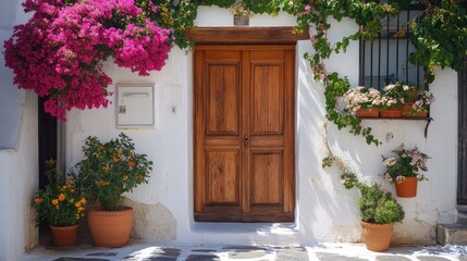 Fototapeta premium Rustic Ancient Entrance: Weathered Wooden Door Framed by Stone Walls in a Charming Greek Setting