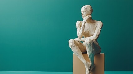 Geometric sculpture of sitting figure on teal background
