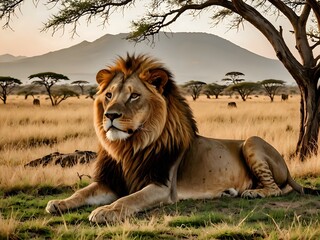 lion pride resting on a grassy African savanna