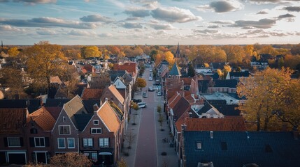 Aerial View of Dutch Village in Holland, Michigan: Explore Charming Architecture and Rooftops in This Quaint Town