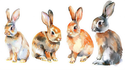 Obraz premium Happy Easter watercolor set with cute Easter rabbit, eggs, spring flowers and chick in pastel colors on light green, soft pink and white background for cards