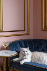 A lavish white cat relaxes on a blue velvet couch in an opulent pink room. A fancy cocktail adorns a nearby marble table, adding to the luxurious ambiance
