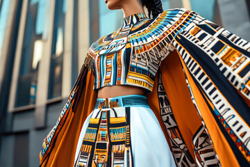 Female model in vibrant african-inspired geometric patterned outfit