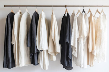 Minimalist neutral-toned clothing hanging on a rack
