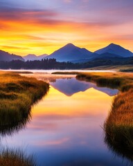 Majestic Mountain Reflection in Golden Twilight Over a Tranquil Meadow Stream
