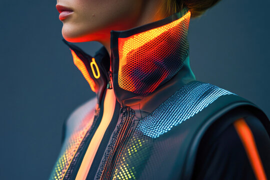 Futuristic fashion: close-up of young caucasian female in neon techwear jacket