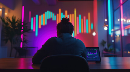 Financial Analyst Analyzing Holographic Stock Market Data in a Sleek Coworking Space
