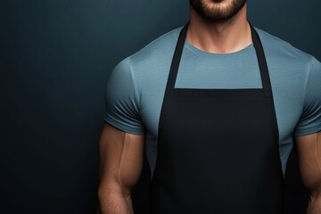 A man sporting a black apron with a leather strap, appropriate for restaurant or kitchen environments.