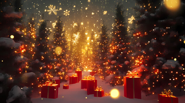 Lluminated christmas trees with red and golden garlands into a forest with snowy flakes with shape of stars close to xmas gifts in red boxes , generative ai illustration. Aureate. Illustration