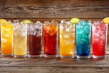 A series of glasses with assorted drinks, ideal for a beverage theme.