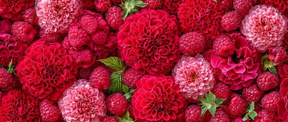 A detailed image of ripe red raspberries and pink blossoms.