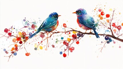 Fototapeta premium Two Bluebirds on a Colorful Berry Branch: A Watercolor Painting