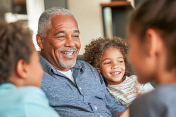 Elderly african male enjoying quality time with young children indoors
