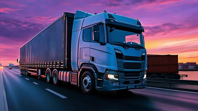 A freight truck makes its way along a port road as the sun sets, casting vibrant colors across the sky. In the background, cranes move cargo containers, highlighting the busy transport activity