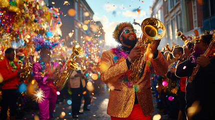 A lively Mardi Gras parade winding through historic streets, adorned with majestic floats, ornate masks, and a cacophony of brass instruments