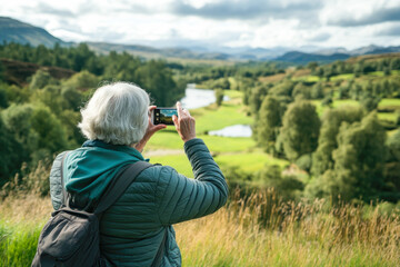 Elderly caucasian woman photographing scenic landscape in nature