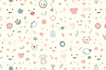 Whimsical Baby Pattern: Adorable hand-drawn illustrations of playful animals, hearts, and whimsical objects create a charming and colorful pattern perfect for baby nursery decor, textiles.
