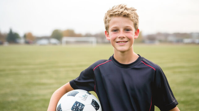 Blonde caucasian young male smiling with soccer ball on field
