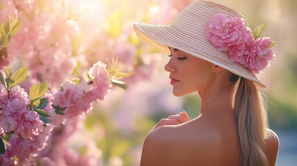 A woman in a sun hat adorned with flowers, gently adjusting her floral dress amidst blooming pink flowers