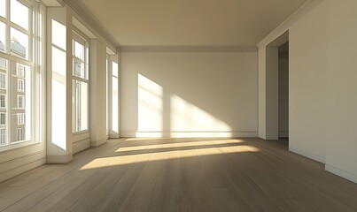 Obraz premium An open, empty room with a white wall and wood floor, designed as a simple, clean backdrop for design mockups