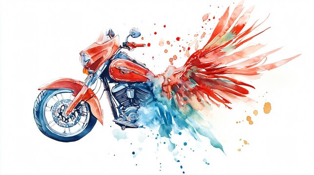 Red Motorcycle with Wings: Watercolor Painting of Freedom and Adventure